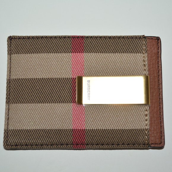 NWT BURBERRY LEATHER AND VINTAGE CANVAS CHECK CARD CASE WALLET WITH MONEY CLIP - Picture 1 of 5